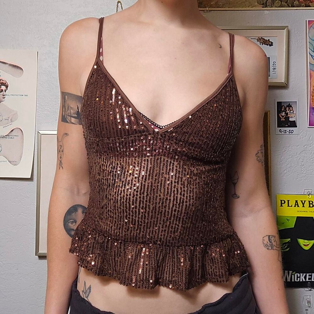 brown sequin mesh cami small indie sleaze ♡